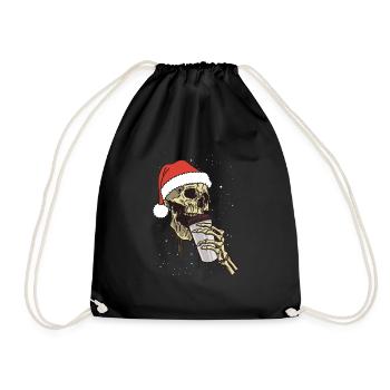 Skelett Weihnachtsmann Mütze Kaffeetrinken Lustig - Turnbeutel - Schwarz - Vorne