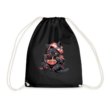 Anime Manga Kawaii Cat Eats Ramen Noodles - Drawstring Bag - black - Front