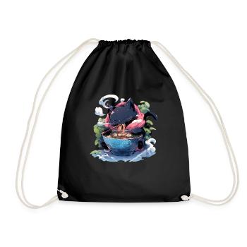Anime Manga Kawaii Cat Eats Ramen Noodles - Drawstring Bag - black - Front