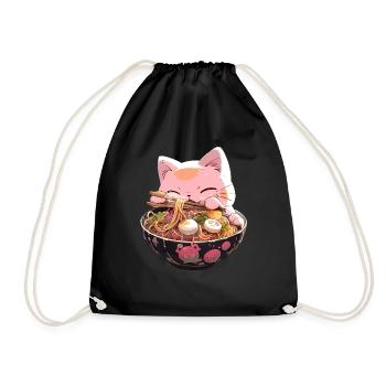 Anime Manga Kawaii Cat Eats Ramen Noodles - Drawstring Bag - black - Front