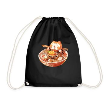 Anime Manga Kawaii Cat Eats Ramen Noodles - Drawstring Bag - black - Front