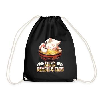 Anime Manga Kawaii Cat Eats Ramen Noodles - Drawstring Bag - black - Front