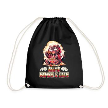 Anime Manga Kawaii Cat Eats Ramen Noodles - Drawstring Bag - black - Front