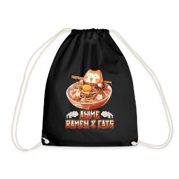 Anime Manga Kawaii Cat Eats Ramen Noodles - Drawstring Bag - black - Front