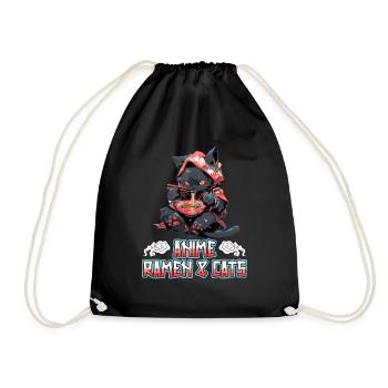 Anime Manga Kawaii Cat Eats Ramen Noodles - Drawstring Bag - black - Front