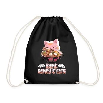 Anime Manga Kawaii Cat Eats Ramen Noodles - Drawstring Bag - black - Front