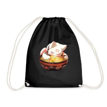 Anime Manga Kawaii Cat Eats Ramen Noodles - Drawstring Bag - black - Front