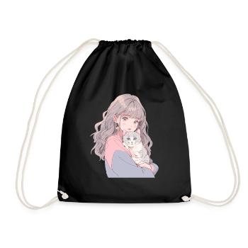 Anime and Cats Kawaii Girl Anime - Drawstring Bag - black - Front