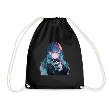 Anime and Cats Kawaii Girl Anime - Drawstring Bag - black - Front