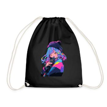 Anime and Cats Kawaii Girl Anime - Drawstring Bag - black - Front