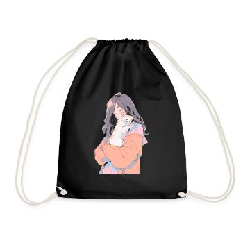 Anime and Cats Kawaii Girl Anime - Drawstring Bag - black - Front