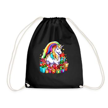 Regenbogen-Einhorn-Weihnachten mit Weihnachtsgeschenken - Turnbeutel - Schwarz - Vorne