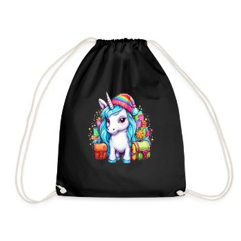 Coole Einhorn-Weihnachten mit Weihnachtsmütze und Regenbogen - Turnbeutel - Schwarz - Vorne