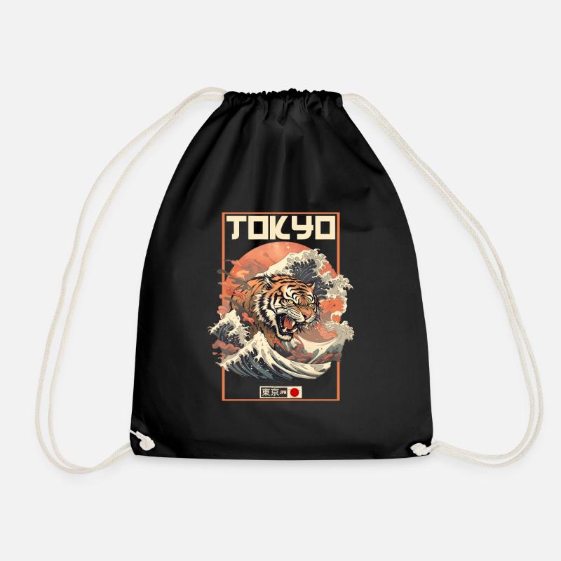 Tokyo Asia 80s Japanese Retro Tiger - Drawstring Bag - black