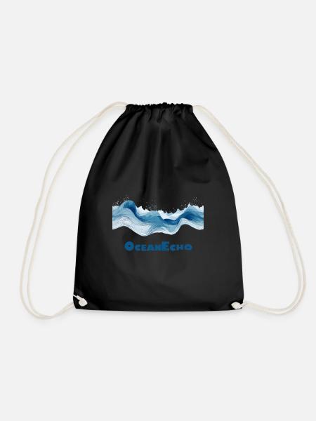 Line Style Wave Motif - OceanEcho - Drawstring Bag - black