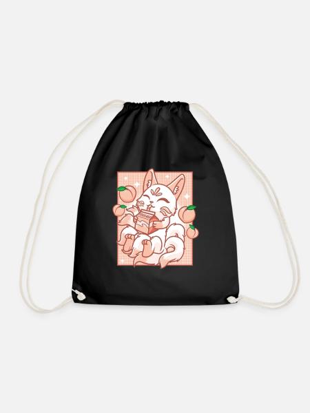 Kitsune Japan Anime Kawaii Peach Milk - Drawstring Bag - black