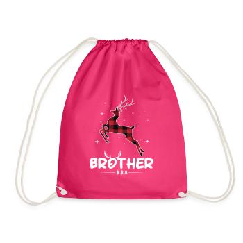 Red Plaid Reindeer Brother Christmas Xmas - Drawstring Bag - fuchsia - Front
