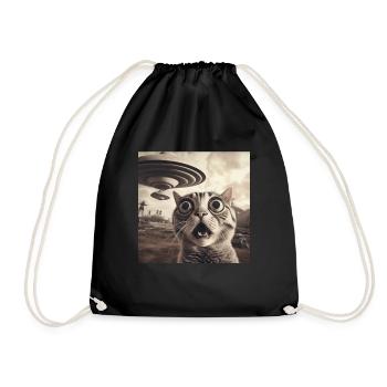 Funny Anxious Cats Selfie UFO Alien - Drawstring Bag - black - Front
