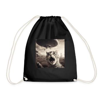 Funny Anxious Cats Selfie UFO Alien - Drawstring Bag - black - Front