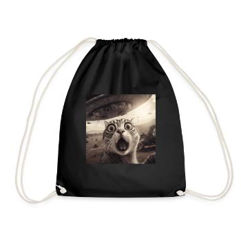 Funny Anxious Cats Selfie UFO Alien - Drawstring Bag - black - Front