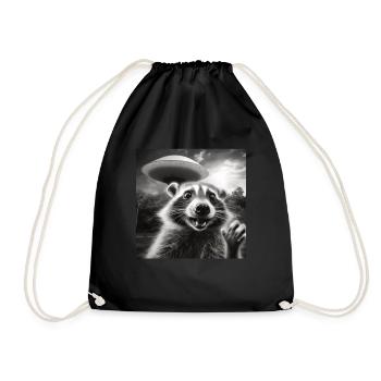 Funny Frightened Raccoon Selfie UFO Alien - Drawstring Bag - black - Front