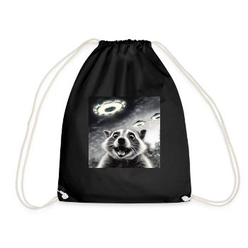 Funny Frightened Raccoon Selfie UFO Alien - Drawstring Bag - black - Front