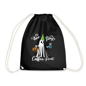 Ghost with coffee cup and pumpkin celebrating Halloween - Drawstring Bag - black - Front