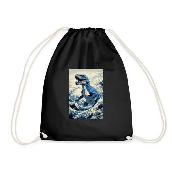 Dinosaur Hokusai Japanese Art Humor Kanagawa - Drawstring Bag - black - Front