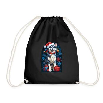 Lustiger Siberian Husky Mit Weihnachtsmannmütze - Turnbeutel - Schwarz - Vorne