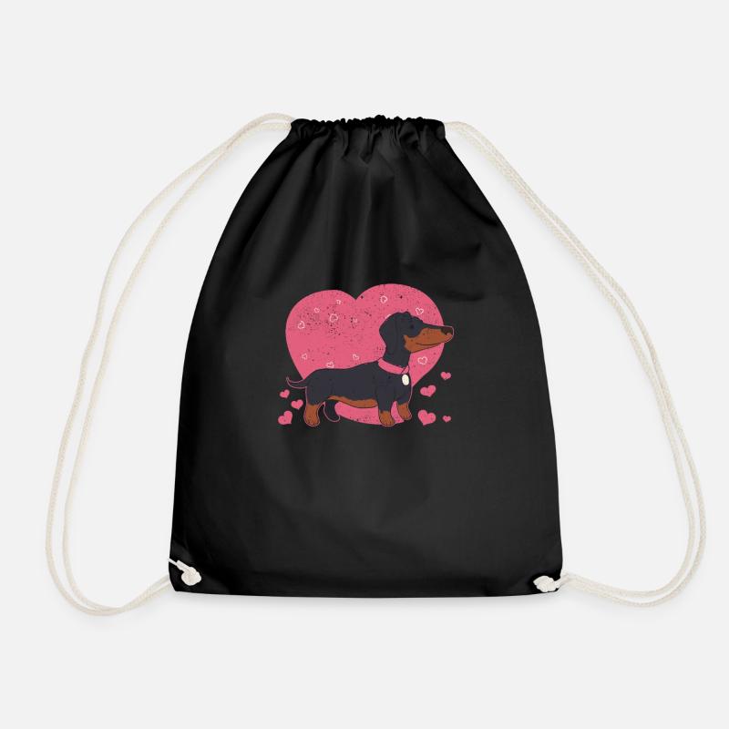 Funny Dog Lover Cute Dachshund Hearts - Drawstring Bag - black