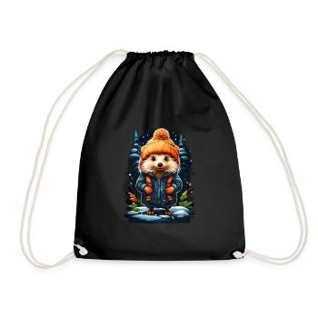 Hedgehog with Winter Hat Happy Hedgehog - Drawstring Bag - black - Front