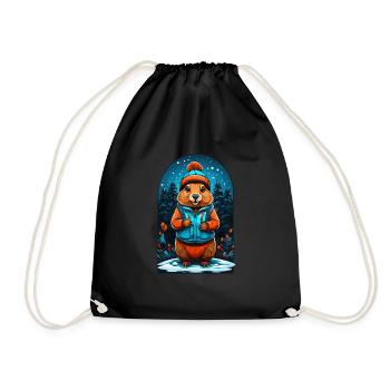 Marmot with winter hat Happy marmot - Drawstring Bag - black - Front