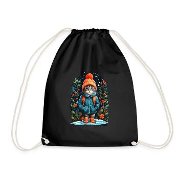 Shorthair cat with winter hat happy - Drawstring Bag - black - Front