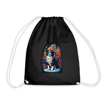 Border Collie With Winter Hat Happy Border - Drawstring Bag - black - Front