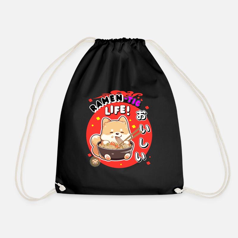 Ramen-tic Life Kawaii Shiba Inu slurps ramen - Drawstring Bag - black