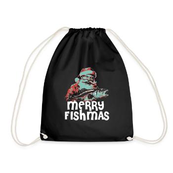 Funny Santa Claus Fishing Merry Fishmas Christmas - Drawstring Bag - black - Front