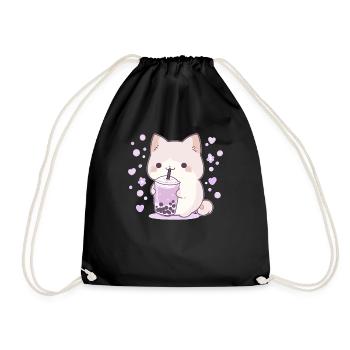 Kawaii Cat Drinks Boba Bubble Tea Chibi - Drawstring Bag - black - Front