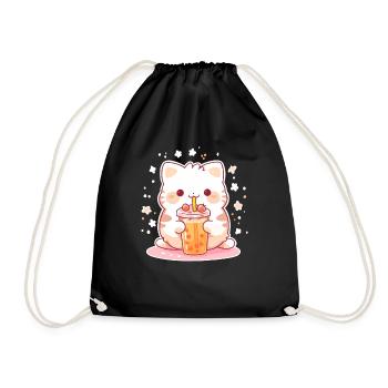 Kawaii Cat Drinks Boba Bubble Tea Chibi - Drawstring Bag - black - Front