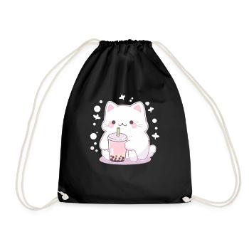 Kawaii Cat Drinks Boba Bubble Tea Chibi - Drawstring Bag - black - Front