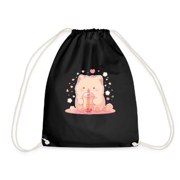 Kawaii Cat Drinks Boba Bubble Tea Chibi - Drawstring Bag - black - Front