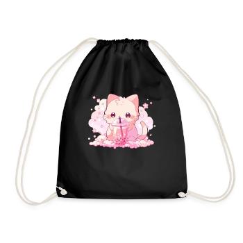 Kawaii Cat Drinks Boba Bubble Tea Chibi - Drawstring Bag - black - Front