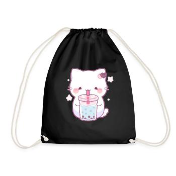 Kawaii Cat Drinks Boba Bubble Tea Chibi - Drawstring Bag - black - Front