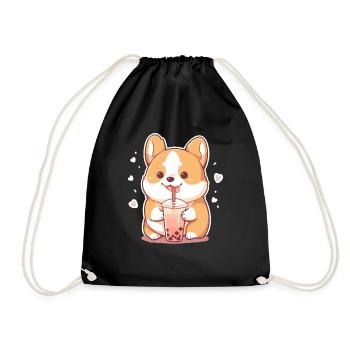 Kawaii Corgi Dog Drinks Boba Bubble Tea Chibi - Drawstring Bag - black - Front