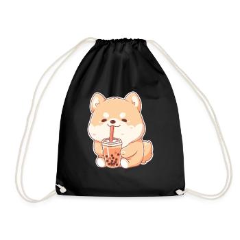 Kawaii Corgi Dog Drinks Boba Bubble Tea Chibi - Drawstring Bag - black - Front