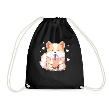 Kawaii Corgi Dog Drinks Boba Bubble Tea Chibi - Drawstring Bag - black - Front