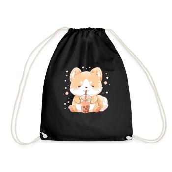 Kawaii Corgi Dog Drinks Boba Bubble Tea Chibi - Drawstring Bag - black - Front