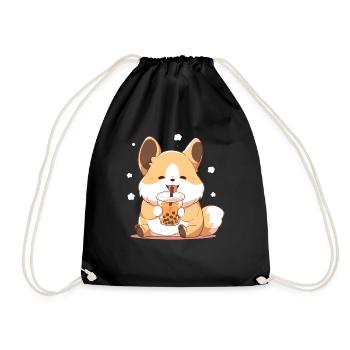 Kawaii Corgi Dog Drinks Boba Bubble Tea Chibi - Drawstring Bag - black - Front
