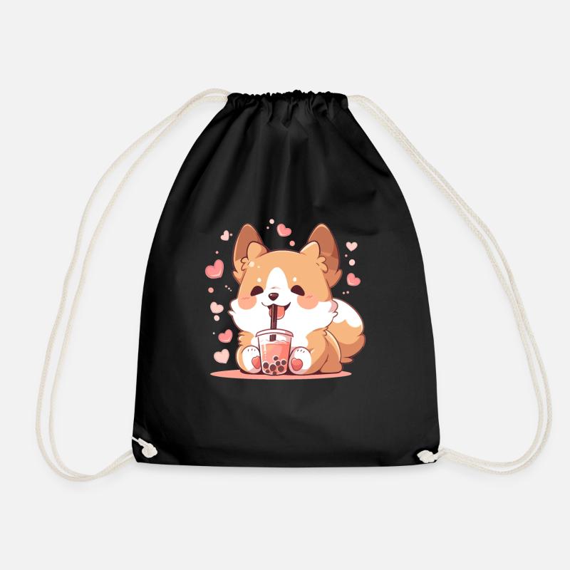 Kawaii Corgi Hund trinkt Boba Bubble Tea Chibi - Turnbeutel - Schwarz