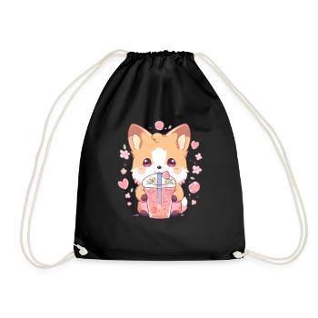 Kawaii Corgi Dog Drinks Boba Bubble Tea Chibi - Drawstring Bag - black - Front