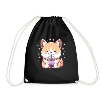 Kawaii Corgi Dog Drinks Boba Bubble Tea Chibi - Drawstring Bag - black - Front